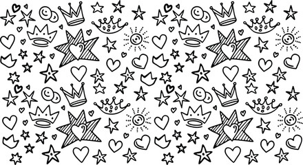 Whimsical hand-drawn stars crowns hearts vector