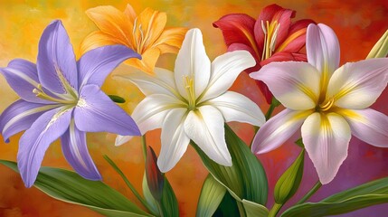 Vibrant lily bloom bouquet with multicolored petals in painting style