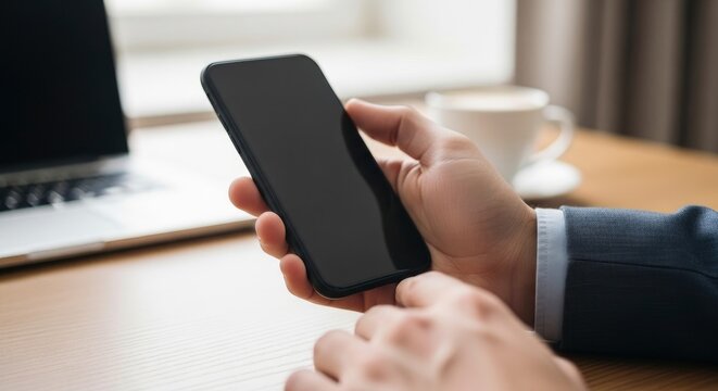A person in a suit holds a black smartphone at a wooden desk with a laptop and coffee cup in the blurred background