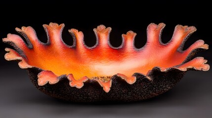 Abstract orange bowl with dark textured exterior and decorative edge