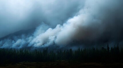 Obraz premium A thick plume of smoke rises from a dense evergreen forest under a moody overcast sky