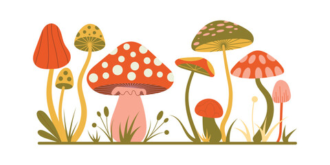 Whimsical illustration of colorful fantasy mushrooms in a forest setting on transparent background
