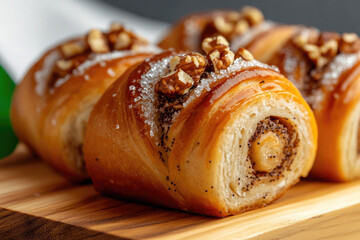 Rustic wooden board with golden makowiec poppy seed rolls drizzled in glossy sugar glaze, topped with walnuts; cinnamon sticks and scattered nuts in dark background