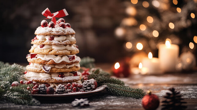 Traditional Norwegian kransekake almond cake pyramid dusted with powdered sugar, adorned with red berries, candles and evergreens on a rustic wooden table, cozy holiday scene