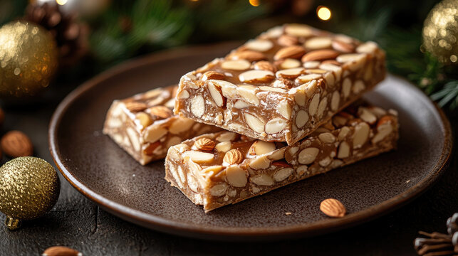 Traditional Spanish turr&oacute;n bars with almonds served on ceramic plate surrounded by holiday decorations, fir twigs, and golden ornaments in a festive sweet setup with copy space