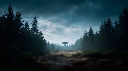 Obraz premium A large satellite dish stands in a forest clearing under a dramatic cloudy sky