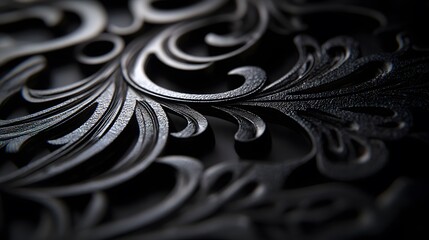 Elegant dark silver filigree, ornate swirls and curls abstract close up