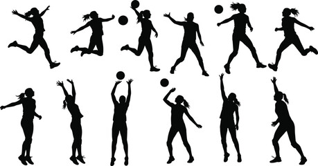 Female silhouette playing volleyball, women jumping hitting ball action poses, vector illustration sports activity, athlete training movement, black shadow figure exercise design