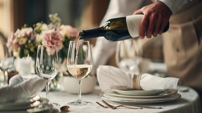Fine Dining Experience: An elegant dining scene unfolds as a server gracefully pours wine into a glass, the pristine setting a testament to luxury and refined taste.