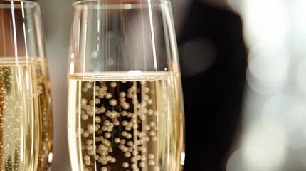 Sparkling Celebration: Close-up view of elegant champagne flutes filled with effervescent bubbles, signifying festive gatherings and memorable toasts.