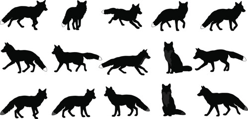 Fox silhouettes collection, wild animal poses, black shapes, forest creatures, nature illustration, woodland vector, multiple icons, stock design, wildlife graphic