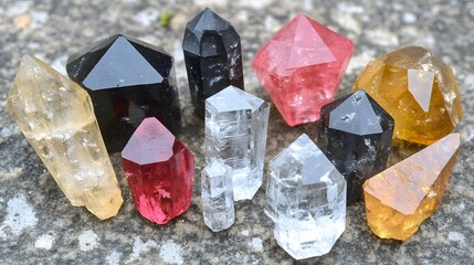 Collection of colorful crystal gemstones quartz on rough texture surface