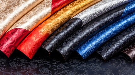 Elegant rolled colorful fabric texture backdrop for fashion design and textile industry