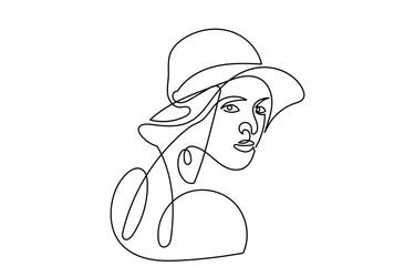 continuous line drawing of a woman wearing a wide-brimmed hat.Abstract linear. Minimalist girl portrait line art on a white background, modern fashion,and artistic.Beauty and glamour.Head fashion.