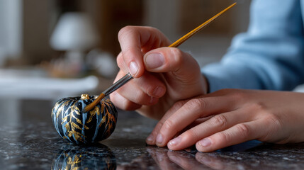 A close-up of hands meticulously painting a beautifully designed pumpkin highlights the artistry and dedication involved in creating decorative seasonal crafts.