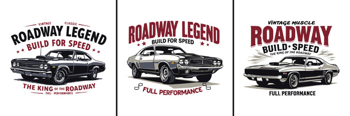 Vintage muscle car illustration with roadway legend typography and build for speed slogan for retro t shirt design