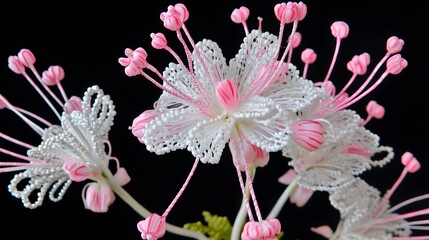 Elegant White and Pink Lace Flowers with Delicate Details on Black Background