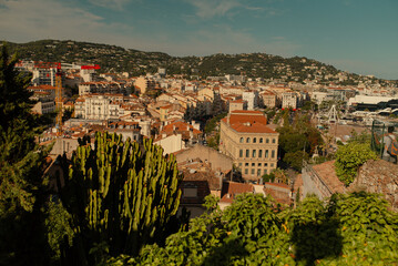 Cannes aerial panoramic view. Cannes is a city located on the French Riviera or Cote d'Azur in...