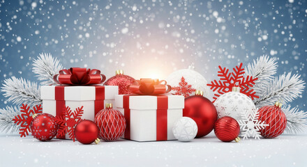 Christmas gifts and baubles with snowflakes in winter