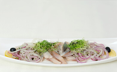 lightly salted herring Salted herring with dijon mustard, dill and red onion rings on white stone background. Marinated filleted fish, hard light, dark shadow, flat lay, top view