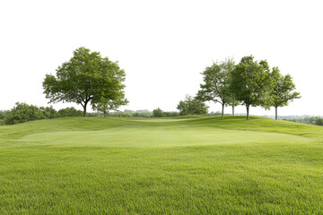 A serene golf course landscape featuring lush green grass and mature trees under a clear sky, perfect for promoting outdoor leisure activities.