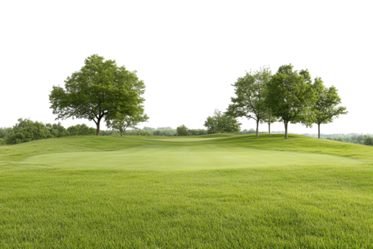 A serene golf course landscape featuring lush green grass and mature trees under a clear sky, perfect for promoting outdoor leisure activities.