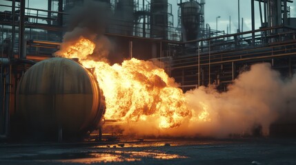 Industrial explosion at chemical plant urban setting photo dangerous environment close-up view safety risks highlighted
