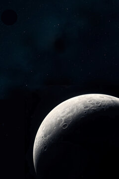Moon shines brightly in a starry night sky, revealing its craters and surface features in stunning detail during late evening