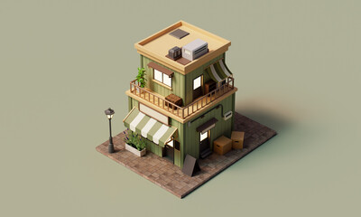 아이소메트릭 빈티지 베이커리 하우스 외관 Isometric Vintage Bakery House Exterior