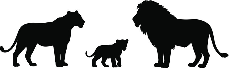 Lion family silhouette, wild animal vector, lioness, cub, male lion, African wildlife, black shape, nature illustration, predator icons, stock art