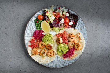 Grilled Shrimp Tacos with Guacamole and Fresh Feta Salad