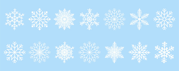 Vector collection of unique, detailed white snowflakes on a light blue background. Ideal for winter, Christmas, New Year, holiday, and frost decoration designs