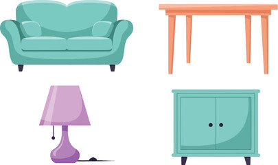 Fototapeta premium Furniture illustration set sofa table lamp cabinet design home vector