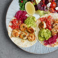 Grilled Shrimp Tacos with Guacamole and Fresh Feta Salad