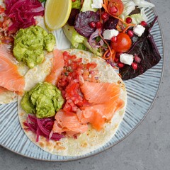 Gourmet Smoked Salmon Tacos with Guacamole and Fresh Side Salad