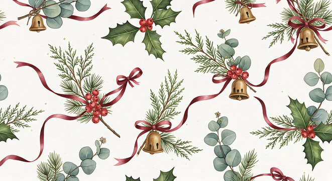 A festive Christmas pattern featuring sprigs of holly, eucalyptus leaves, pine needles, red berries, and golden bells tied with red ribbons. - Powered by Adobe
