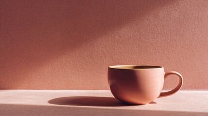 Obraz premium Elegant ceramic coffee cup positioned on solid soft-toned background, cozy minimalist cafe atmosphere and subtle lighting