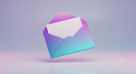 A vibrant purple and blue gradient envelope is open, revealing a blank white card inside.