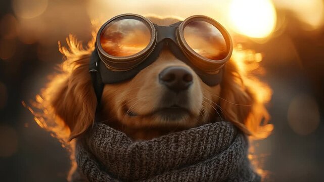 Dog with Goggles and Scarf in Golden Hour Sunlight.