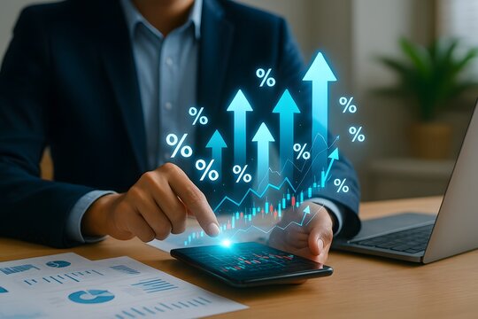Financial market analysis with interest rate increases and trading charts. Explore economic growth, investment strategies, and stock performance insights for business finance