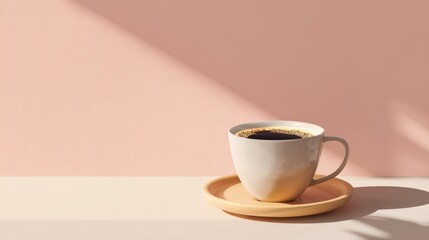 Minimalist cafe concept featuring a ceramic coffee cup against a plain pastel background, elegant composition and soft shadows