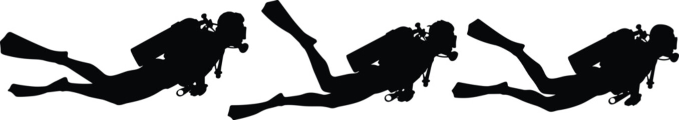 Scuba diver silhouette vector, underwater swimming illustration, black diving gear icons, fins and tank equipment, marine exploration concept, ocean activity design