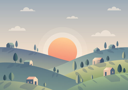 sun over the hills and village, landscape, sky, vector, sun, summer, nature, illustration, sunrise, clouds, hill, field, orange, house, village