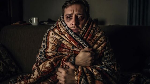 Feeling sick shown by man wrapped in blanket on sofa, showcasing his discomfort. He's feeling sick with fever and chills at home, feeling sick needing rest to recover.