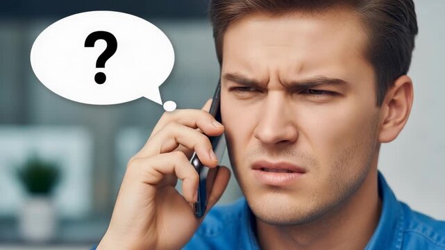 Confused man looking doubtful while holding his smartphone and thinking. Confused expression and thought process visible with question mark, man receiving unexpected news or information.