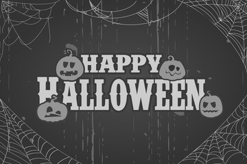 Vintage-style Halloween background featuring spooky pumpkins, cobwebs, and dark tones with bold "Happy Halloween" text. Perfect for greeting cards, posters, or party invitations.