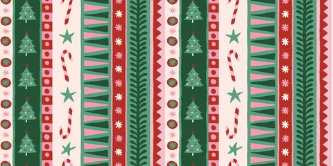 Vector Christmas and New Year seamless pattern, abstract hand-drawn whimsical background for greeting cards, wrapping paper, banners, striped, plaid, and checkered designs 