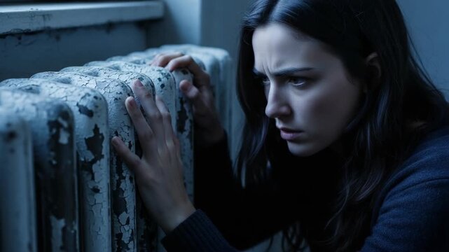 Absence of heating at home creates a cold house environment, where a shivering woman sadly touches radiator, feeling its frigidness. Cold house creates discomfort and a need for warmth,