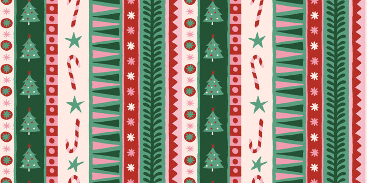 Vector Christmas and New Year seamless pattern, abstract hand-drawn whimsical background for greeting cards, wrapping paper, banners, striped, plaid, and checkered designs 