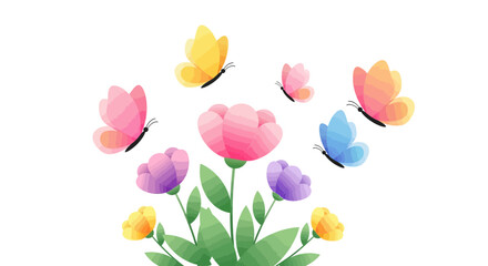 Fototapeta premium Colorful Butterflies Fluttering Around Blooming Spring Flowers.